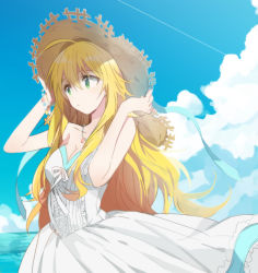Rule 34 | 1girl, ahoge, bad id, bad pixiv id, bare shoulders, blonde hair, breasts, cleavage, cloud, collarbone, day, dress, eunram, green eyes, hair between eyes, hands on headwear, hat, hoshii miki, idolmaster, idolmaster (classic), jewelry, long hair, medium breasts, necklace, outdoors, sky, solo, straw hat, sundress, water, white dress, wind