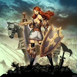 1girl armor ass breasts eleanor_of_aquitaine genzoman green_eyes horse long_hair red_hair shield sideboob sword tagme weapon