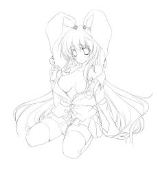 Rule 34 | 1girl, absurdres, animal ears, bad id, bad pixiv id, bare shoulders, blush, breasts, rabbit ears, crescent, crescent earrings, earrings, greyscale, highres, jewelry, kinosaki yuki, lineart, long hair, monochrome, no bra, off shoulder, open clothes, open shirt, reisen udongein inaba, shirt, skirt, solo, thighhighs, touhou, very long hair