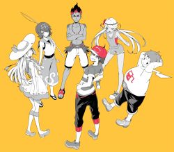 Rule 34 | 3boys, 3girls, ash ketchum, blunt bangs, braid, creatures (company), everyone, game freak, kiawe (pokemon), lana (pokemon), lillie (pokemon), long hair, mallow (pokemon), multiple boys, multiple girls, nintendo, orange background, overalls, pokemon, pokemon (anime), pokemon sm (anime), ryuga (balius), simple background, sketch, sophocles (pokemon), standing, very long hair
