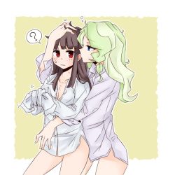Rule 34 | 2girls, bad id, bad twitter id, blonde hair, blue eyes, blush, bottomless, breasts, brown hair, cleavage, commentary request, diana cavendish, hand on another&#039;s head, hug, kagari atsuko, little witch academia, messy hair, multiple girls, open clothes, open shirt, outside border, raisun, red eyes, shirt, sleepy, sweatdrop, tied shirt, yuri