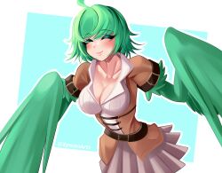 Rule 34 | 1girl, ahoge, belt, blue background, blush, breasts, cleavage, closed eyes, commentary, feathered wings, feathers, green feathers, green hair, green wings, harpy, highres, large breasts, medium hair, messy hair, monster girl, original, pleated skirt, short sleeves, skirt, solo, twitter username, two-tone background, white background, white skirt, winged arms, wings, xynian arts