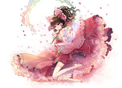 Rule 34 | 1girl, ascot, barefoot, bow, breasts, brown eyes, brown hair, detached sleeves, feet, female focus, flower, frills, gathers, hair bow, hair flower, hair ornament, hair tubes, hakurei reimu, holding, japanese clothes, kieta, long hair, long legs, looking at viewer, miko, petals, sideboob, small breasts, solo, too many, touhou