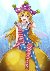 Rule 34 | 1girl, alternate legwear, blonde hair, clownpiece, drawing on another&#039;s face, fairy wings, tucking hair, hat, highres, jester cap, long hair, monrooru, open mouth, purple eyes, sleeveless, solo, sparkle, striped clothes, striped thighhighs, thighhighs, touhou, wings