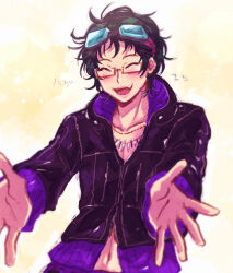 Rule 34 | 1boy, black hair, chiimako, closed eyes, glasses, gnosia, goggles, green hair, happy, jacket, jewelry, long sleeves, male focus, multicolored hair, necklace, sha-ming, shirt, short hair, smile, solo, two-tone hair, upper body, zipper