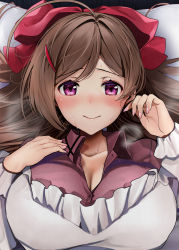 Rule 34 | 1girl, ahoge, blush, breasts, brown hair, cleavage, closed mouth, commission, hair ornament, hair ribbon, hairclip, highres, kantai collection, large breasts, long hair, looking at viewer, mamiya (kancolle), pillow, purple eyes, ribbon, skeb commission, smile, solo, sweat, sweatdrop, upper body, yunamaro