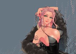 Rule 34 | 1girl, :p, arm over head, arm tattoo, armpits, black dress, blonde hair, breasts, cleavage, collarbone, dress, ear piercing, earrings, eyeshadow, feather boa, fingernails, gradient hair, green eyes, grey background, halter dress, halterneck, hand in own hair, highres, jewelry, large breasts, lipstick, long fingernails, long hair, looking at viewer, makeup, multicolored hair, mutsubizuki, nail polish, number tattoo, pearl earrings, piercing, piggy (utau), pink eyeshadow, pink hair, pink lips, pinky ring, red nails, shiny skin, signature, sleeveless, sleeveless dress, smile, solo, spaghetti strap, tattoo, tongue, tongue out, tongue piercing, upper body, utau, wavy hair