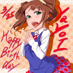 Rule 34 | 1girl, brown hair, clearite, green eyes, happy birthday, idolmaster, idolmaster (classic), long hair, open mouth, school uniform, solo, steepled fingers, sweater vest, takatsuki yayoi, twintails