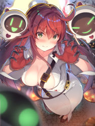 Rule 34 | 1girl, ahoge, breasts, cleavage, closed mouth, collarbone, commentary request, gloves, green eyes, guilty gear, guilty gear strive, hair between eyes, halloween, highres, jack-o&#039; valentine, large breasts, long hair, migumigu, object on breast, red gloves, red hair, smile, solo, standing, standing on one leg, twitter username