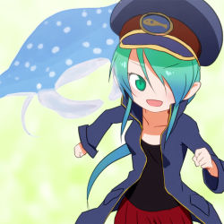 Rule 34 | &gt;:d, 1girl, :d, black shirt, blue hair, borrowed character, clenched hands, coat, collarbone, commentary request, green eyes, green hair, hair over one eye, hat, keifuku-san, keifuku (tatsuki), long hair, long sleeves, looking at viewer, manta ray, multicolored hair, open mouth, original, peaked cap, ponytail, red skirt, sat-c, shirt, skirt, smile, solo, two-tone hair, v-shaped eyebrows