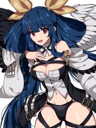 Rule 34 | 1girl, angel wings, asymmetrical wings, bare shoulders, black panties, black thighhighs, blue hair, blush, breasts, cleavage, closed mouth, cohina, crop top, dizzy (guilty gear), guilty gear, guilty gear xrd, hair rings, hand on own chest, highres, large breasts, long hair, long sleeves, looking at viewer, mature female, midriff, monster girl, navel, panties, red eyes, ribbon, smile, solo, thick thighs, thigh gap, thighhighs, thighs, twintails, underwear, very long hair, white background, wide sleeves, wings, yellow ribbon