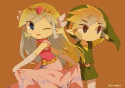 Rule 34 | 1boy, 1girl, artist name, back, belt, blonde hair, blue eyes, blush, closed mouth, dress, floating hair, full body, gloves, jewelry, link, long hair, looking up, multicolored hair, multiple persona, necklace, nintendo, open mouth, pink dress, princess zelda, skirt hold, the legend of zelda, the legend of zelda: spirit tracks, the legend of zelda: the wind waker, tiara, tokuura, toon link, toon zelda