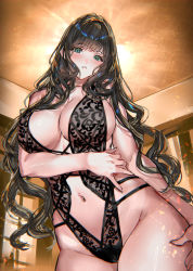 Rule 34 | 1girl, backlighting, bare shoulders, blush, breasts, brown hair, center opening, cleavage, collarbone, green eyes, highleg, highres, large breasts, lingerie, long hair, looking at viewer, navel, original, parted lips, ran&#039;ou (tamago no kimi), solo, thighs, underwear