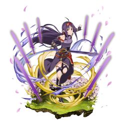 Rule 34 | 1girl, ahoge, armor, breastplate, cherry blossoms, detached sleeves, fingerless gloves, floating hair, full body, gloves, hair intakes, hairband, highres, holding, holding sword, holding weapon, leg up, long hair, long sleeves, looking at viewer, official art, pointy ears, purple armor, purple gloves, purple hair, purple skirt, purple sleeves, red eyes, red hairband, side slit, skirt, solo, standing, standing on one leg, sword, sword art online, transparent background, very long hair, weapon, yuuki (sao)