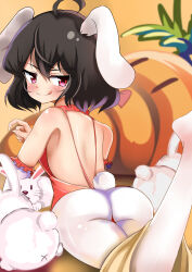 Rule 34 | 1girl, :q, ahoge, alternate costume, animal ears, ass, back, black hair, blush, break~, closed mouth, commentary request, detached sleeves, feet out of frame, floppy ears, frilled sleeves, frills, from behind, hair between eyes, highres, inaba tewi, leotard, looking at viewer, looking back, lying, medium bangs, on stomach, orange leotard, panties, playboy bunny, rabbit, rabbit ears, rabbit girl, rabbit tail, red eyes, short hair, smile, solo focus, split mouth, tail, tongue, tongue out, touhou, underwear, white panties, white sleeves, x anus