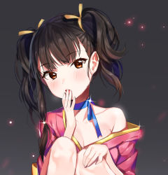 Rule 34 | 10s, 1girl, :o, bad id, bad pixiv id, bare shoulders, blush, breasts, brown eyes, brown hair, cleavage, collarbone, dr poapo, eyebrows, hair ribbon, head tilt, highres, knees up, koutetsujou no kabaneri, looking at viewer, mumei (kabaneri), off shoulder, open mouth, ribbon, short hair, short twintails, solo, twintails, upper body, yawning, yellow ribbon