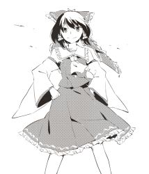Rule 34 | 1girl, ascot, bad id, bad twitter id, bow, detached sleeves, greyscale, hair bow, hair tubes, hakurei reimu, hands on own hips, hichiko, monochrome, short hair, smile, solo, touhou