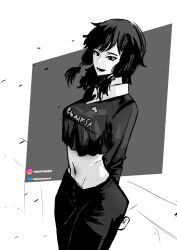 Rule 34 | 1girl, arms behind back, black hair, chainsaw man, collar, crop top, english text, highres, long sleeves, medium hair, midriff, mifune fumiko, mystickistune18, open mouth, signature, smile, solo
