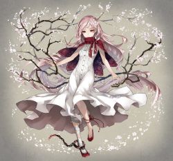Rule 34 | 1girl, :&gt;, bad id, bad pixiv id, bandaged leg, bandages, branch, breasts, capelet, cherry blossoms, closed mouth, cuffs, dress, flower, full body, hair flower, hair ornament, highres, leg ribbon, long hair, original, petals, pink eyes, pink hair, red footwear, red ribbon, ribbon, shackles, shoes, sleeveless, sleeveless dress, small breasts, smile, solo, white dress, yatozume