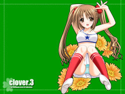 Rule 34 | 1girl, :d, armpits, arms up, artist name, blue panties, blush, brown eyes, brown hair, clover, clover (game cg), copyright name, crop top, daisy, floral background, flower, full body, green background, hair bobbles, hair ornament, highres, kneehighs, long hair, looking at viewer, miniskirt, nishimata aoi, open mouth, panties, pantyshot, red socks, shoes, simple background, sitting, skirt, smile, socks, solo, star (symbol), star print, striped clothes, striped panties, twintails, underwear, upskirt, wallpaper