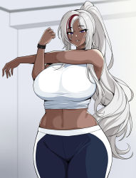 Rule 34 | 1girl, blue pants, breasts, commentary, crop top, dark-skinned female, dark skin, eyelashes, hella p, highres, huge breasts, long hair, looking at viewer, midriff, multicolored hair, navel, original, pants, parted lips, ponytail, purple eyes, red hair, shirt, sleeveless, sleeveless shirt, solo, sportswear, streaked hair, stretching, symbol-only commentary, thick thighs, thighs, very long hair, white hair, white shirt, yoga pants