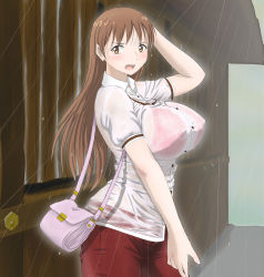 Rule 34 | 1girl, :o, angry, arm behind head, arm up, bag, blush, bra, breasts, brown hair, building, buttons, covered erect nipples, cowboy shot, denim, door, embarrassed, hand on head, handbag, high collar, huge breasts, jeans, kamisama dolls, kino yuugara, lace, lace-trimmed bra, lace trim, lingerie, long hair, looking at viewer, looking back, open mouth, outdoors, pants, profile, rain, red bra, see-through, shiba hibino, shirt, short sleeves, solo, standing, underwear, wet, wet clothes, wet shirt, white theme, wide hips, yellow eyes