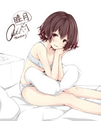 Rule 34 | 10s, 1girl, bare legs, bare shoulders, bed sheet, bra, brown eyes, brown hair, character name, grey bra, grey panties, kantai collection, looking at viewer, mutsuki (kancolle), open mouth, panties, pillow, rizzl, short hair, signature, solo, underwear, underwear only, white background