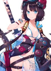 Rule 34 | 1girl, bare shoulders, beads, belt, bikini, blue eyes, blush, bracelet, breasts, calligraphy brush, closed mouth, collarbone, fate/grand order, fate (series), floral print, goggles, goggles on head, hair ornament, hakuishi aoi, jewelry, katana, katsushika hokusai (fate), katsushika hokusai (swimsuit saber) (fate), looking at viewer, medium breasts, octopus, paintbrush, pouch, purple hair, sash, short hair, short hair with long locks, sidelocks, smile, swimsuit, sword, thighs, tokitarou (fate), weapon, white background, white bikini