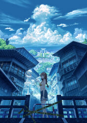 Rule 34 | 1girl, absurdres, air conditioner, bikini, blue shorts, blue sky, brown eyes, building, caution tape, city, cloud, commentary request, cumulonimbus cloud, day, highres, holding, holding swim ring, innertube, long hair, low-tied long hair, mountain, mountainous horizon, original, outdoors, railing, red hair, scenery, shorts, shuu illust, sky, solo, stairs, swim ring, swimsuit, torii, wet