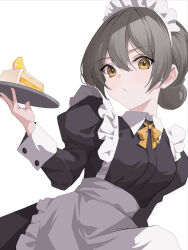 Rule 34 | 1girl, absurdres, apron, cake, cake slice, crystalherb, food, grey hair, highres, holding, holding tray, long sleeves, looking at viewer, maid, maid apron, maid headdress, medium hair, original, standing, tray, white background, yellow eyes