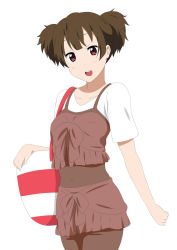 Rule 34 | 1girl, bag, brown eyes, brown hair, casual, face, highres, ikari manatsu, k-on!, looking at viewer, short hair, short twintails, simple background, solo, suzuki jun, twintails, white background