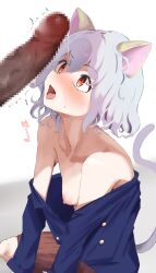 Rule 34 | 1boy, 1girl, animal ears, bare shoulders, blue skirt, blush, breasts, brown shorts, cat ears, cat girl, cat tail, censored, collarbone, cum, doll joints, facial, fang, highres, hunter x hunter, joints, looking at penis, mosaic censoring, neferpitou, nipples, nose blush, penis, penis awe, precum, red eyes, rururaroru, shorts, skin fang, skirt, small breasts, tail, tongue, tongue out, unbuttoned, white hair