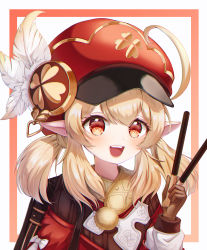 Rule 34 | 1girl, :d, ahoge, backpack, bag, blonde hair, blush, brown gloves, cabbie hat, commentary, dress, feathers, food, genshin impact, gloves, hand up, hat, hat feather, highres, holding, jacket, klee (genshin impact), long hair, long sleeves, looking at viewer, low twintails, open mouth, pocky day, pointy ears, prana (prana12), red dress, red eyes, red hat, red jacket, smile, solo, twintails, upper body