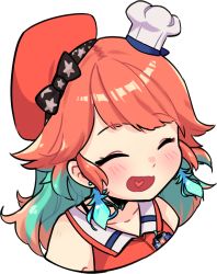 Rule 34 | 1girl, ^ ^, blush, chef hat, closed eyes, collarbone, earrings, feather earrings, feathers, gradient hair, green hair, hat, heart, heart in mouth, hololive, hololive english, jewelry, multicolored hair, open mouth, orange hat, smile, solo, takanashi kiara, takanashi kiara (1st costume), transparent background, upper body, virtual youtuber, vyolfers, white hat