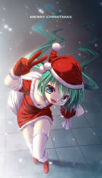 Rule 34 | 1girl, arm up, christmas, downblouse, full body, gloves, green eyes, green hair, hat, hatsune miku, highres, leaning forward, long hair, matching hair/eyes, merry christmas, open mouth, sack, santa costume, santa hat, shiragi, snow, solo, thighhighs, twintails, v, vocaloid