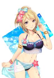 Rule 34 | 10s, 1girl, ayase eli, bikini, blonde hair, blue eyes, bracelet, breasts, cleavage, hair ornament, highres, jewelry, lace, long hair, lots of jewelry, love live!, love live! school idol festival, love live! school idol project, meiko (puua), navel, ponytail, sarong, smile, solo, star (symbol), starfish, swimsuit, transparent background