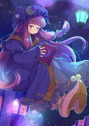 Rule 34 | 1girl, :t, book, crescent, crescent hat ornament, dress, floating, half-closed eyes, hat, hat ornament, highres, holding, holding book, indoors, iris anemone, jitome, lamp, light particles, long hair, long sleeves, looking at viewer, mob cap, night, night sky, patchouli knowledge, pointy footwear, purple eyes, purple hair, sky, solo, star (sky), star (symbol), starry sky, touhou, very long hair