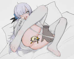 Rule 34 | 1girl, absurdres, aizz, ass, blue flower, censored, clothes pull, disembodied hand, dress, feet, flower, full body, grey eyes, grey hair, hair flower, hair ornament, hair over one eye, highres, isekai joucho, kamitsubaki studio, long hair, novelty censor, open mouth, panties, panty pull, pantyhose, pantyhose pull, pillow, toes, underwear, virtual youtuber, white dress, white panties, white pantyhose
