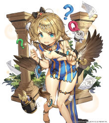 Rule 34 | 1girl, :d, ?, ahoge, ankh, aqua eyes, bare legs, bare shoulders, black bow, blonde hair, blush, bow, breasts, collar, creature, dress, feathered wings, grass, hair bow, hair ornament, hand up, hieroglyphics, holding, holding pen, index finger raised, jewelry, leaning forward, long hair, looking at viewer, notebook, official art, open mouth, paper, pelvic curtain, pen, pillar, ring, sandals, side ponytail, side slit, small breasts, smile, solo, striped clothes, striped dress, tail, thigh strap, thighs, uchi no hime-sama ga ichiban kawaii, v-shaped eyebrows, watermark, whoisshe, wings