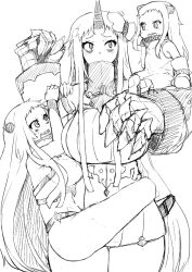 Rule 34 | 3girls, :d, abyssal ship, airfield princess, bags under eyes, bare shoulders, blush, breasts, claws, collar, commentary request, covered mouth, detached sleeves, dress, facing viewer, greyscale, hands up, hanging on arm, headpat, horns, huge breasts, kantai collection, large breasts, leg lock, long hair, looking at another, looking up, mittens, miyoshi (triple luck), monochrome, multiple girls, northern ocean princess, open mouth, ribbed dress, ribbed sweater, seaport princess, short dress, sideboob, simple background, single horn, sitting on arm, sleeveless, smile, sweater, sweater dress, very long hair, white background