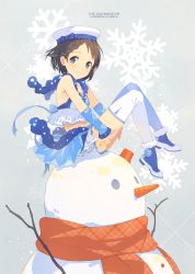 Rule 34 | 10s, 1girl, black hair, blush, braid, commentary request, hat, highres, idolmaster, idolmaster cinderella girls, looking at viewer, looking to the side, midriff, sasaki chie, scarf, short hair, single braid, smile, snowflakes, snowman, solo, teiryoku lolita, thighhighs, white thighhighs