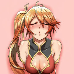 Rule 34 | 1girl, bare shoulders, blush, breasts, cleavage, cleavage cutout, close-up, closed eyes, clothing cutout, gradient background, highres, imminent kiss, incoming kiss, leilan (p&amp;d), leiran (p&amp;d), long hair, orange hair, puckered lips, puzzle &amp; dragons, side ponytail, solo, tat (t-55-t)
