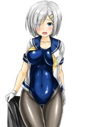 Rule 34 | 1girl, alternate costume, black pantyhose, blouse, blue eyes, blue one-piece swimsuit, breasts, competition swimsuit, cowboy shot, eyes visible through hair, female focus, hair ornament, hair over one eye, hairclip, hamakaze (kancolle), kantai collection, kudou (ooabareteng), large breasts, neckerchief, necktie, one-piece swimsuit, open clothes, open mouth, open shirt, pantyhose, pantyhose under swimsuit, school uniform, serafuku, shirt, short hair, silver hair, simple background, solo, standing, swimsuit, swimsuit under clothes, thighs, undone neckerchief, undone necktie, white background