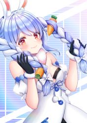 Rule 34 | 1girl, animal ear fluff, animal ears, black gloves, blush, breasts, carrot, carrot hair ornament, commentary, detached sleeves, dress, food-themed hair ornament, fur collar, gloves, hair ornament, half gloves, highres, hiiragi kei, hololive, leotard, looking at viewer, multicolored hair, orange eyes, puffy sleeves, rabbit ears, rabbit girl, short sleeves, sidelocks, small breasts, smile, solo, twintails, two-tone hair, upper body, usada pekora, usada pekora (1st costume), virtual youtuber, white dress