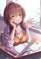 Rule 34 | 1girl, ahoge, blush, book, breast rest, breasts, breasts on table, brown hair, classroom, cleavage, collarbone, commentary request, dappled sunlight, eraser, grin, hair between eyes, highres, holding, holding pen, huge ahoge, indoors, long hair, looking at viewer, medium breasts, open book, open collar, original, pen, pencil case, short twintails, sitting, smile, solo, sunlight, takenaka takeshi, teeth, twintails, upper body, waving, window, yellow eyes