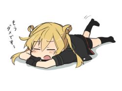 Rule 34 | 10s, 1girl, abukuma (kancolle), abukuma kai ni (kancolle), annin musou, bad id, bad twitter id, bike shorts, blonde hair, chibi, closed eyes, commentary request, eyebrows, fingerless gloves, gloves, hair rings, jacket, kantai collection, leg up, lying, on stomach, open mouth, pleated skirt, shadow, sketch, skirt, socks, solo, tears, translation request, white background