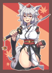 Rule 34 | 1girl, animal ear fluff, animal ears, black thighhighs, border, breasts, brown border, commentary request, cowboy shot, cropped legs, groin, hand up, hat, highres, holding, holding sword, holding weapon, inubashiri momiji, jitome, kourindou tengu costume, large breasts, leaf, leaf background, medium hair, nikuatsu magician shinbo, no panties, pelvic curtain, red eyes, red hat, robe, sanpaku, silver hair, simple background, solo, sword, tail, thighhighs, thighs, tokin hat, touhou, upturned eyes, v-shaped eyebrows, weapon, white robe, wide sleeves, wolf ears, wolf tail