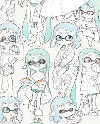 Rule 34 | aspara, black shorts, blue hair, camera, closed eyes, closed mouth, eating, food, full body, highres, holding, holding food, holding umbrella, inkling, inkling girl, inkling player character, long hair, looking at viewer, looking up, nintendo, one eye closed, open mouth, shirt, shoes, short hair, shorts, shrimp, simple background, sitting, smile, splatoon (series), standing, tentacle hair, umbrella, white background