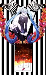Rule 34 | 1girl, aqua hair, arms at sides, black necktie, black skirt, black socks, black suit, blue hair, closed eyes, coffin, collared shirt, commentary, dress suit, eiku, embers, flat chest, flower, formal, framed, hatsune miku, highres, iei, kneehighs, knees up, long hair, miniskirt, necktie, parted lips, red flower, revision, saihate (vocaloid), school uniform, shirt, signature, sitting, skirt, smoke, socks, solo, striped, striped background, suit, through photo, twintails, very long hair, vocaloid, zebra