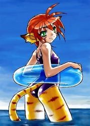 Rule 34 | 1girl, animal ears, blush, breasts, breath of fire, breath of fire ii, cat ears, cat tail, dr.p, facial mark, furry, furry female, gloves, green eyes, lowres, orange hair, pointy ears, red hair, rinpoo chuan, short hair, small breasts, solo, staff, swimsuit, tail